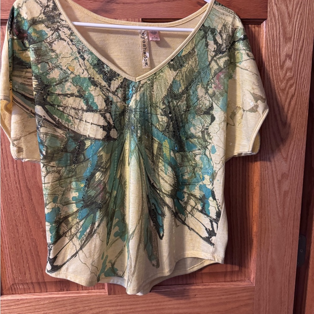 Eyeshadow Abstract Yellow and Green Short Sleeve Top